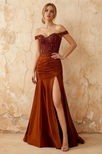 Louise Burnt Orange Satin Mermaid Off The Shoulder Maxi Dress