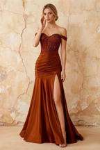 Louise Burnt Orange Satin Mermaid Off The Shoulder Maxi Dress