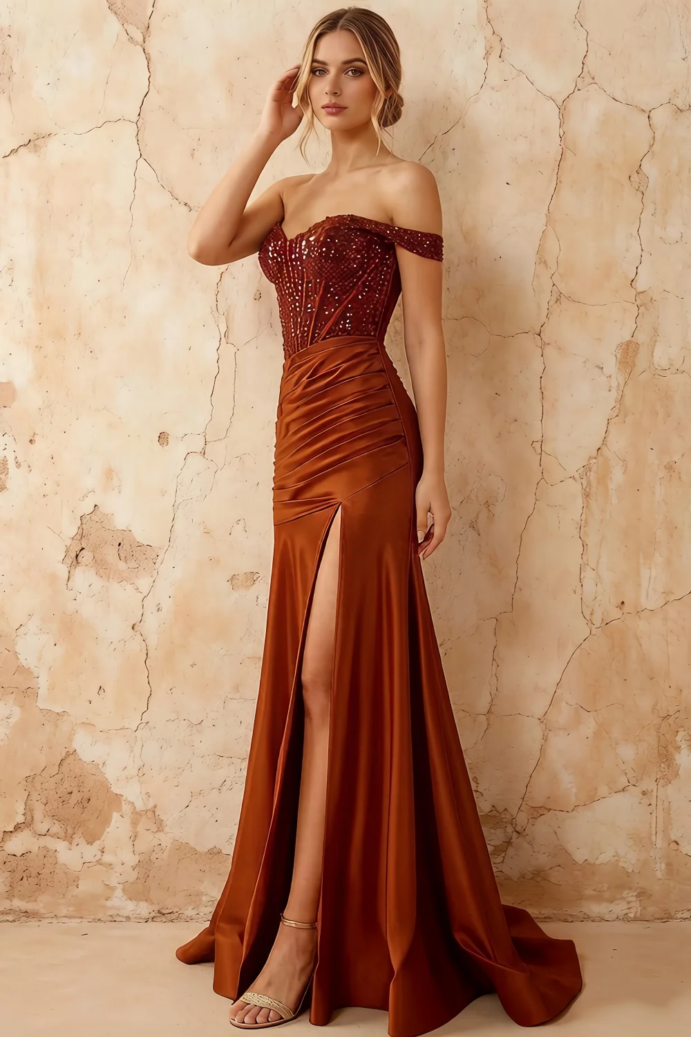 Louise Burnt Orange Satin Mermaid Off The Shoulder Maxi Dress
