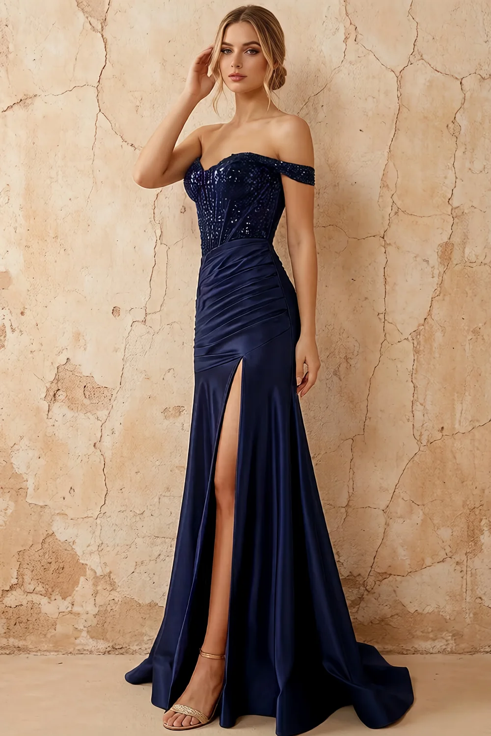 Louise Dark Blue Satin Mermaid Off The Shoulder Maxi Dress Main image