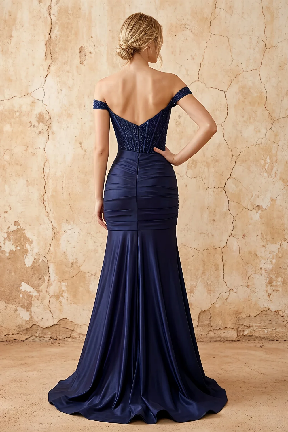 Louise Dark Blue Satin Mermaid Off The Shoulder Maxi Dress