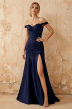 Louise Dark Blue Satin Mermaid Off The Shoulder Maxi Dress