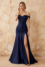 Louise Dark Blue Satin Mermaid Off The Shoulder Maxi Dress