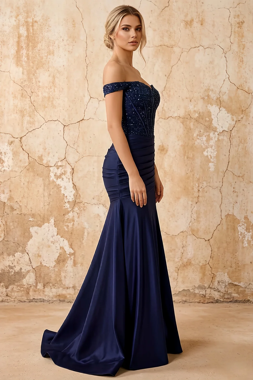 Louise Dark Blue Satin Mermaid Off The Shoulder Maxi Dress