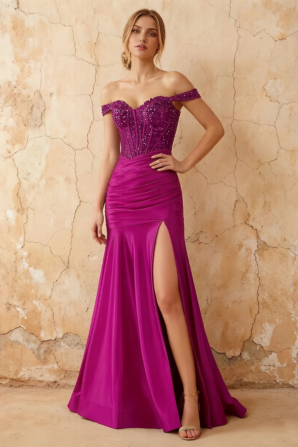 Louise Fuchsia Satin Mermaid Off The Shoulder Maxi Dress