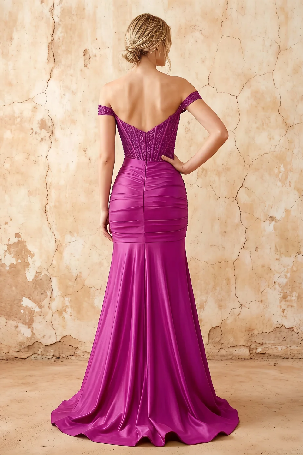 Louise Fuchsia Satin Mermaid Off The Shoulder Maxi Dress