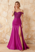 Louise Fuchsia Satin Mermaid Off The Shoulder Maxi Dress