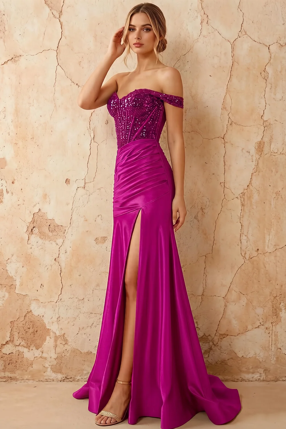 Louise Fuchsia Satin Mermaid Off The Shoulder Maxi Dress