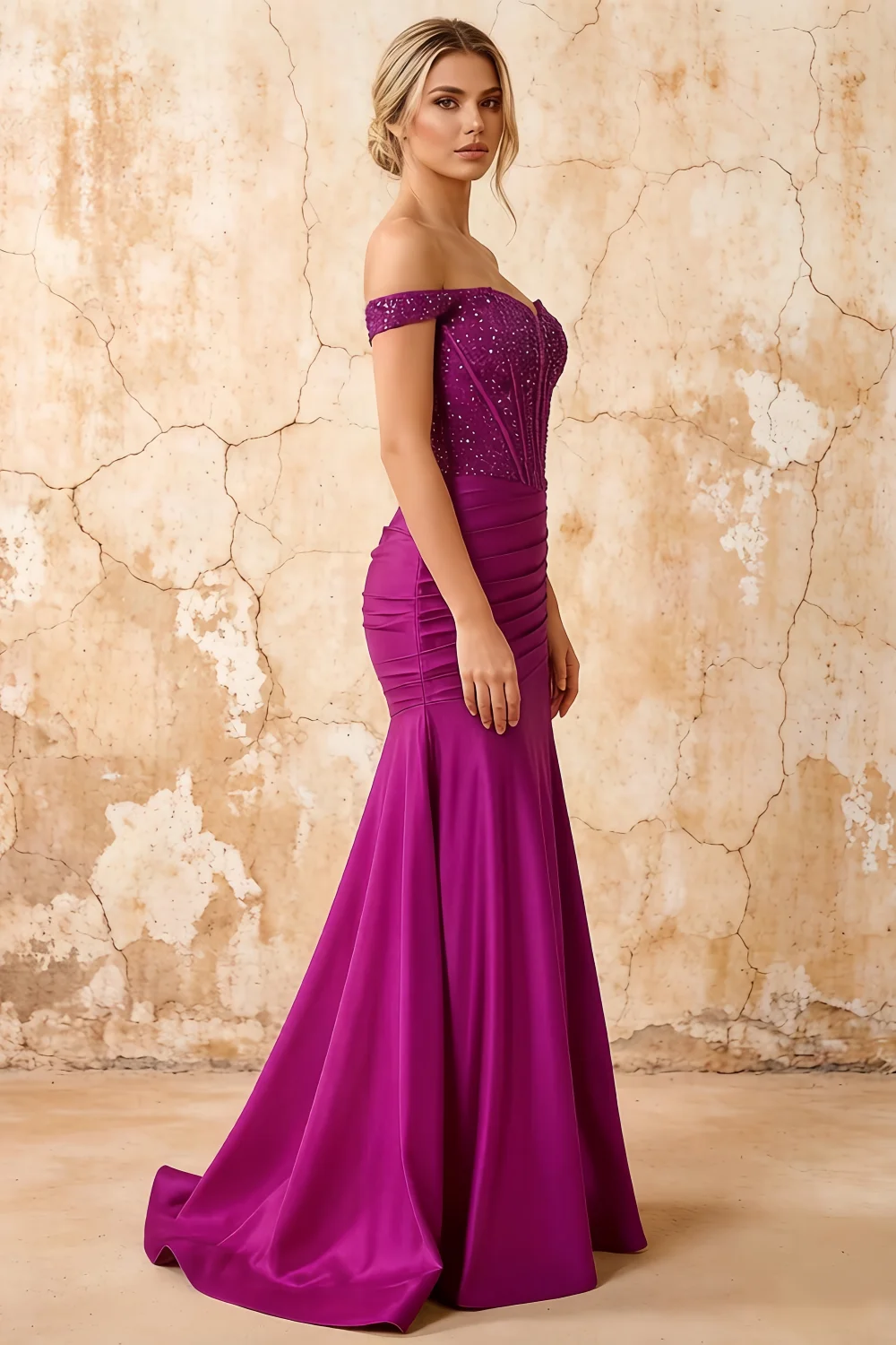 Louise Fuchsia Satin Mermaid Off The Shoulder Maxi Dress