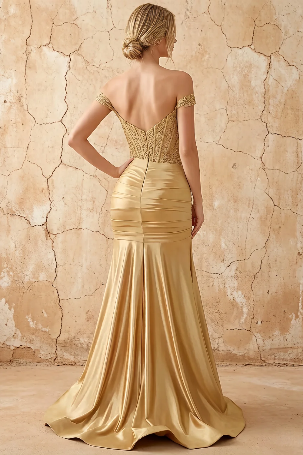 Louise Gold Satin Mermaid Off The Shoulder Maxi Dress