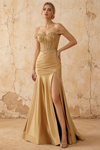 Louise Gold Satin Mermaid Off The Shoulder Maxi Dress