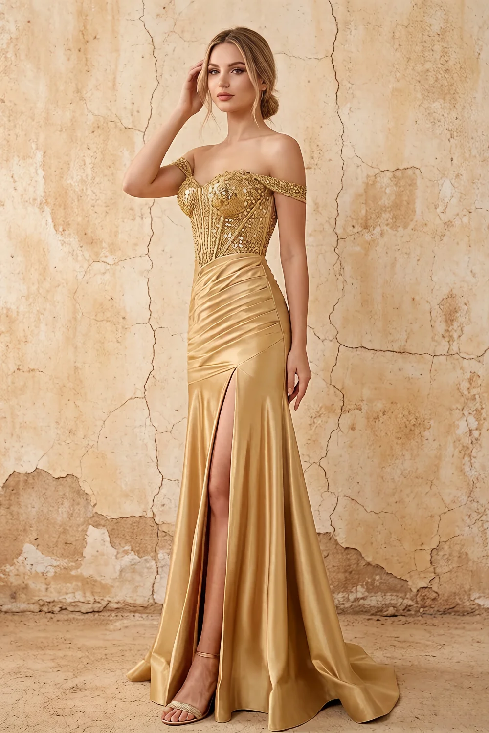 Louise Gold Satin Mermaid Off The Shoulder Maxi Dress