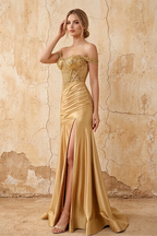 Louise Gold Satin Mermaid Off The Shoulder Maxi Dress