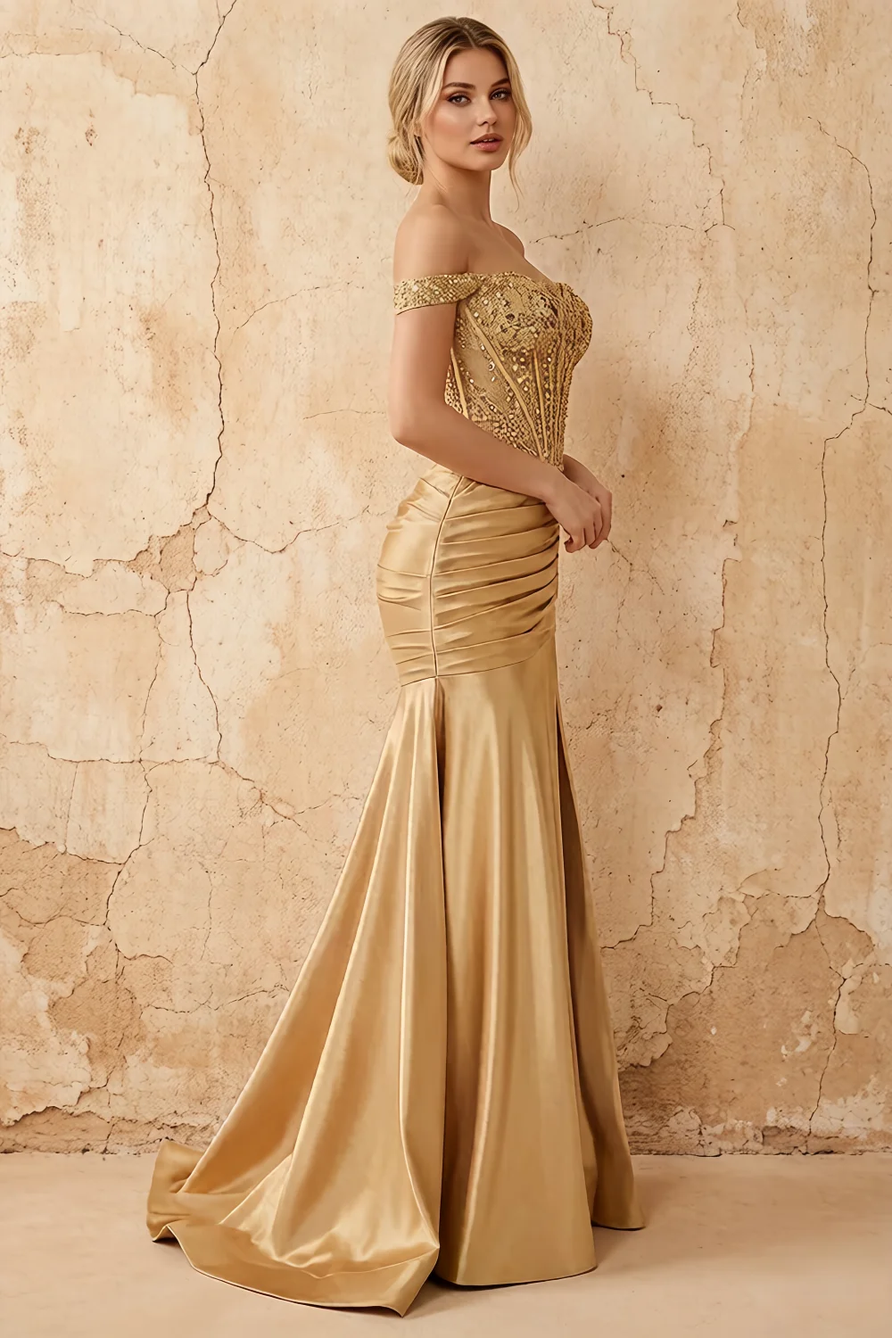 Louise Gold Satin Mermaid Off The Shoulder Maxi Dress