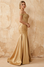 Louise Gold Satin Mermaid Off The Shoulder Maxi Dress