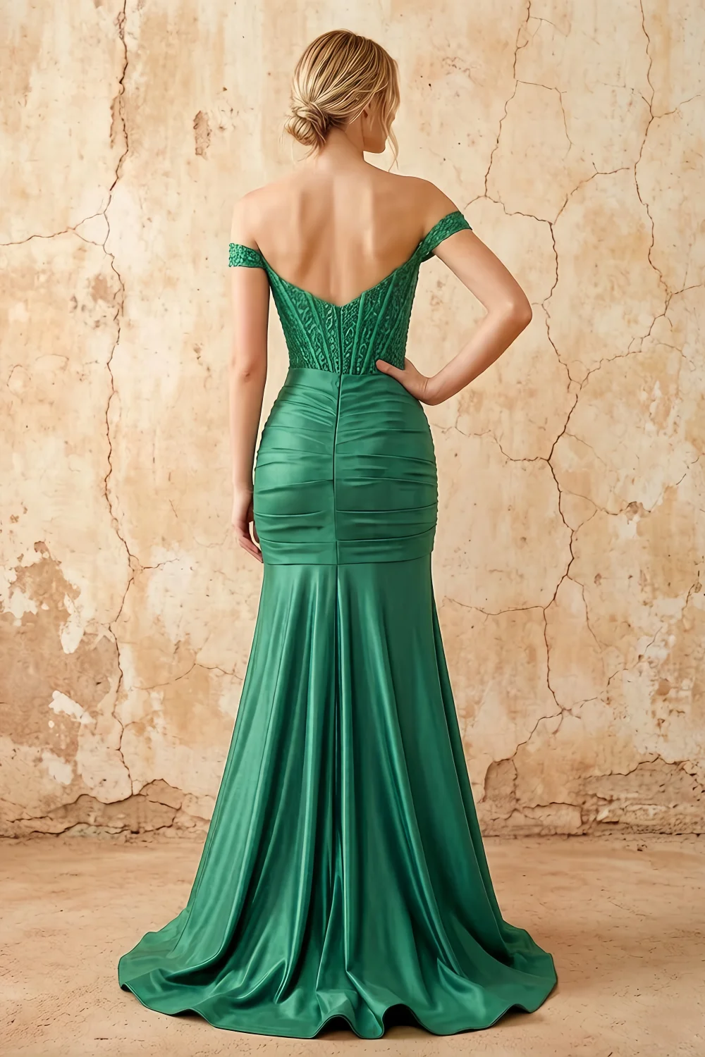 Louise Green Satin Mermaid Off The Shoulder Maxi Dress