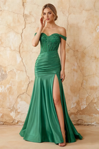 Louise Green Satin Mermaid Off The Shoulder Maxi Dress