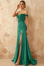 Louise Green Satin Mermaid Off The Shoulder Maxi Dress