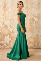 Louise Green Satin Mermaid Off The Shoulder Maxi Dress