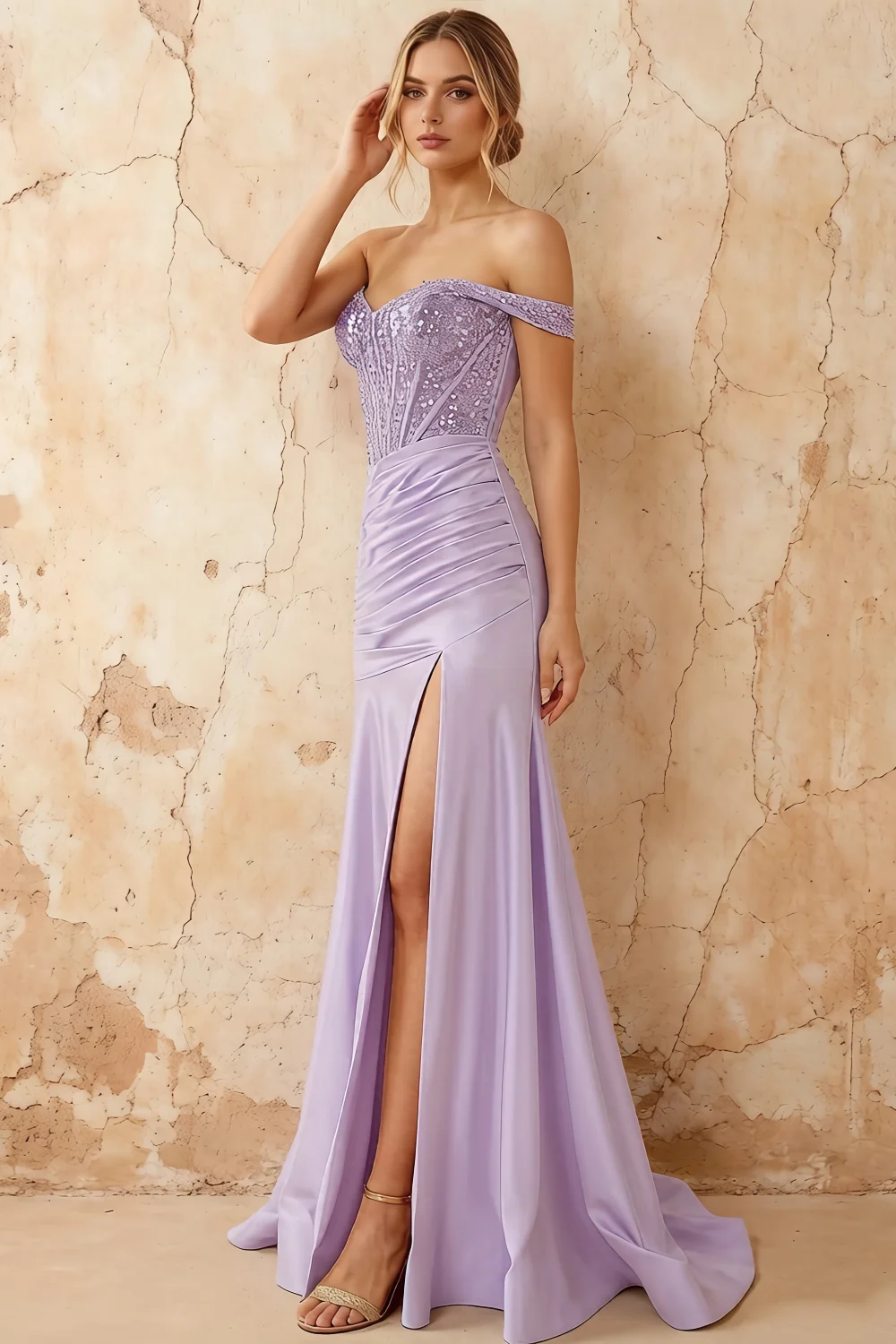 Louise Lavender Satin Mermaid Off The Shoulder Maxi Dress Main image