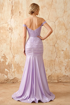 Louise Lavender Satin Mermaid Off The Shoulder Maxi Dress