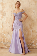 Louise Lavender Satin Mermaid Off The Shoulder Maxi Dress