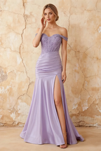 Louise Lavender Satin Mermaid Off The Shoulder Maxi Dress