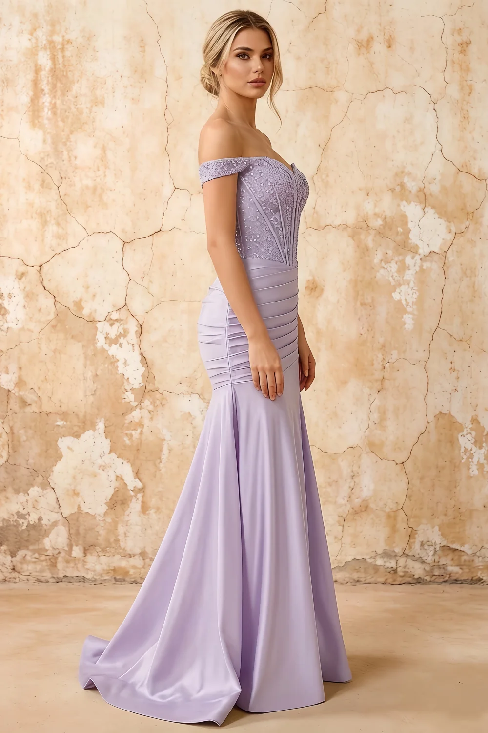 Louise Lavender Satin Mermaid Off The Shoulder Maxi Dress