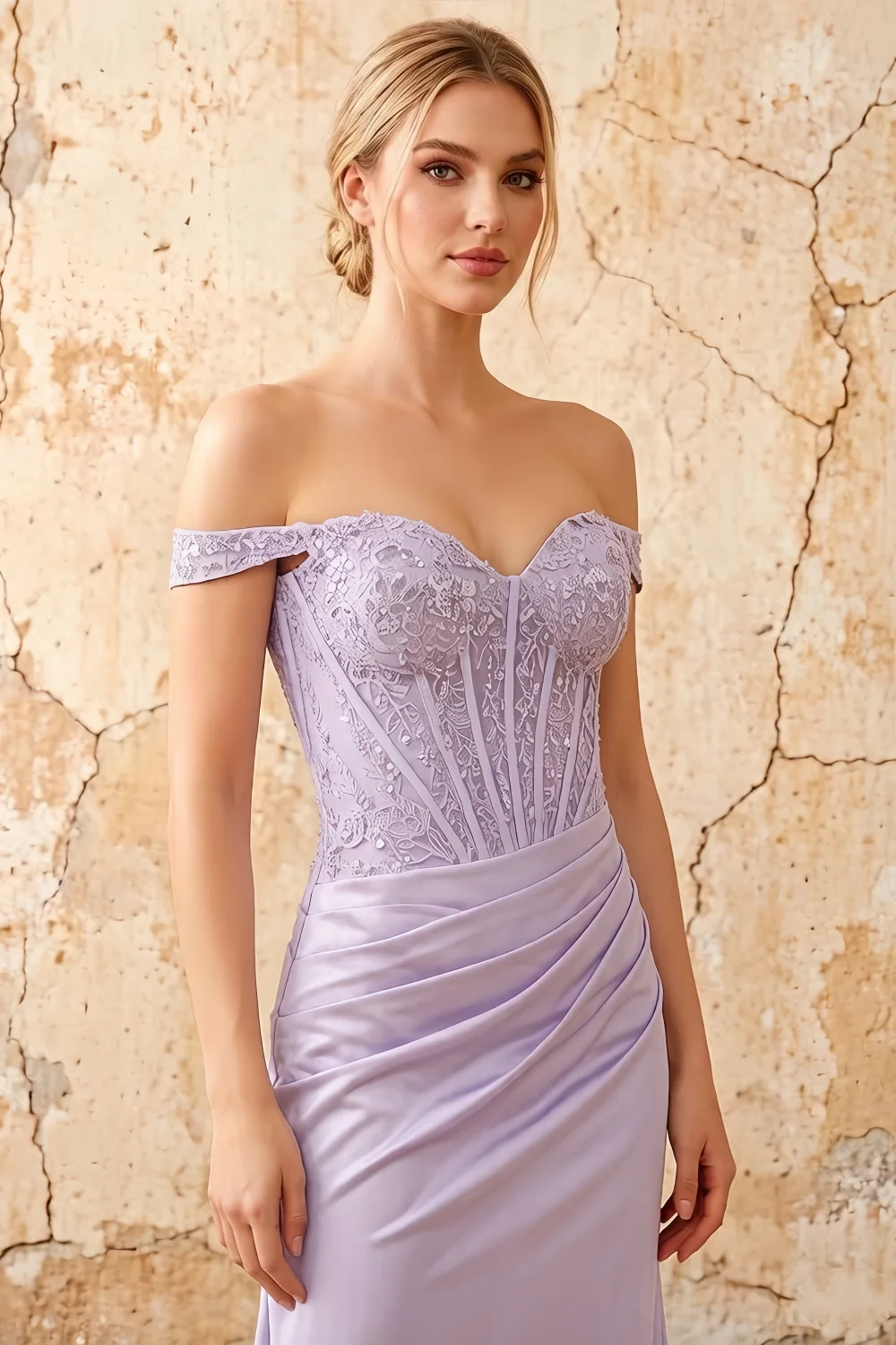 Louise Lavender Satin Mermaid Off The Shoulder Maxi Dress