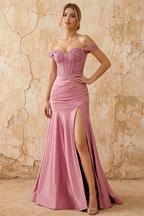 Louise Pink Satin Mermaid Off The Shoulder Maxi Dress