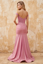 Louise Pink Satin Mermaid Off The Shoulder Maxi Dress