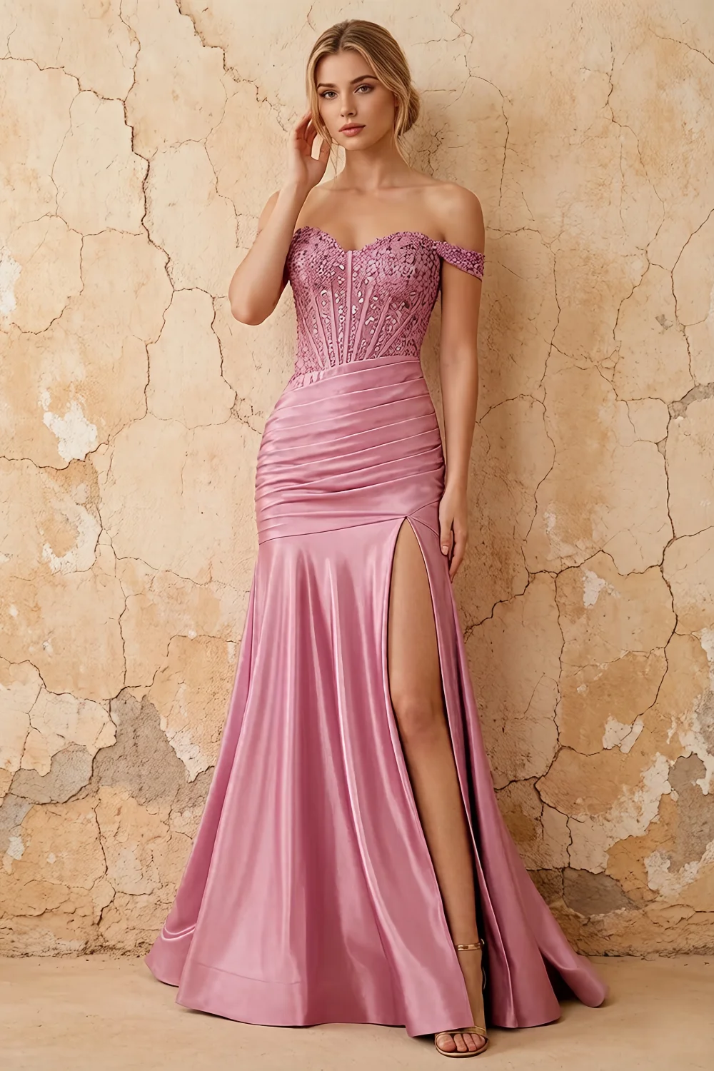Louise Pink Satin Mermaid Off The Shoulder Maxi Dress