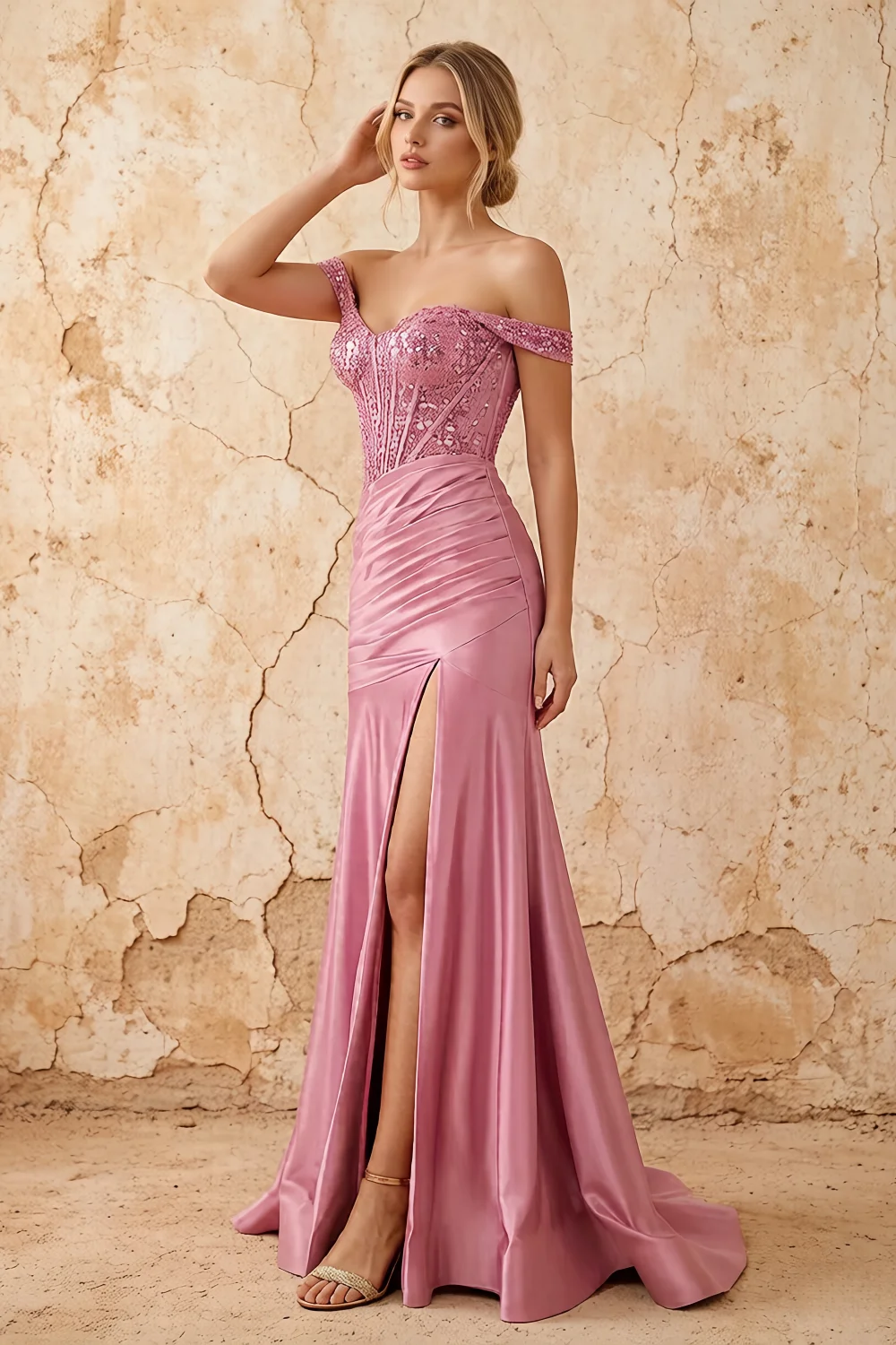Louise Pink Satin Mermaid Off The Shoulder Maxi Dress