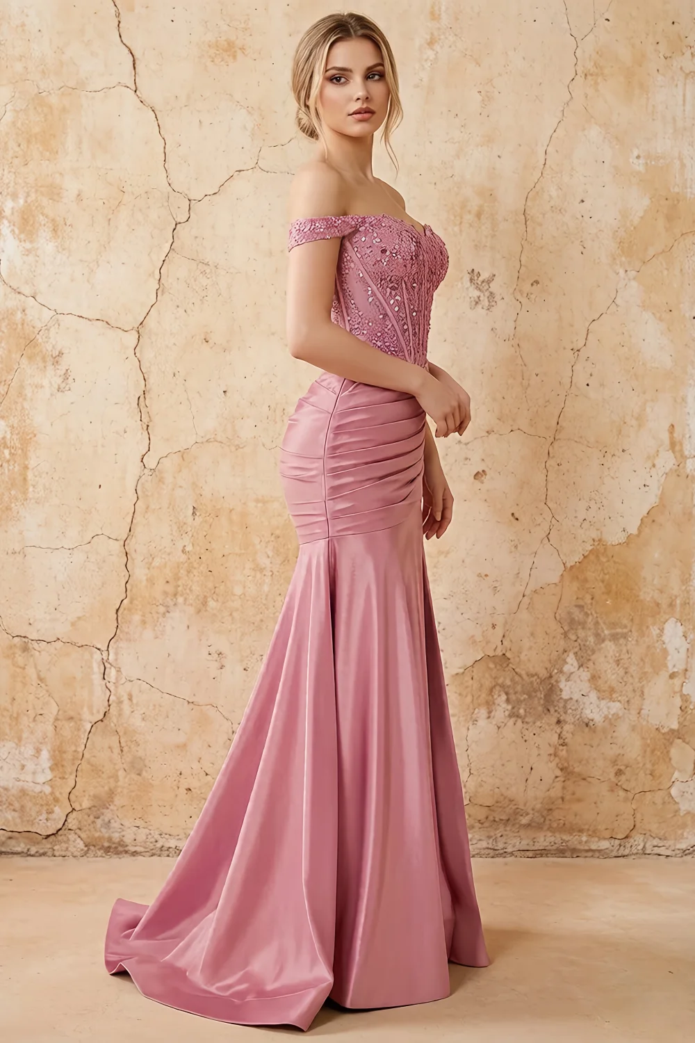 Louise Pink Satin Mermaid Off The Shoulder Maxi Dress