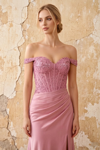 Louise Pink Satin Mermaid Off The Shoulder Maxi Dress