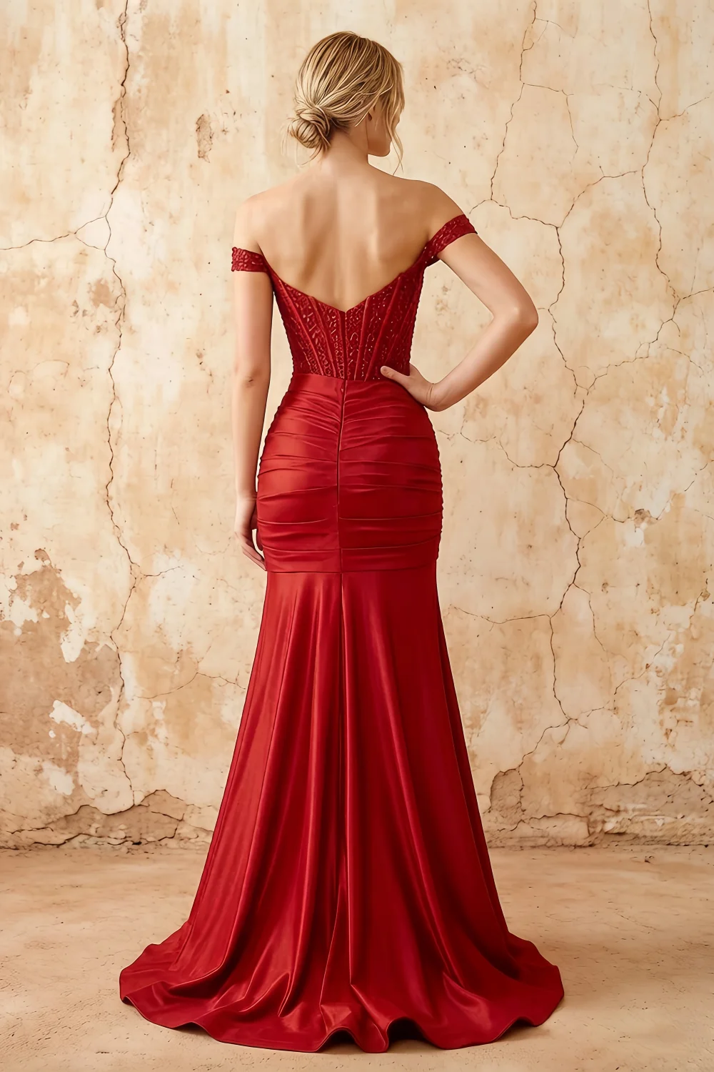 Louise Red Satin Mermaid Off The Shoulder Maxi Dress