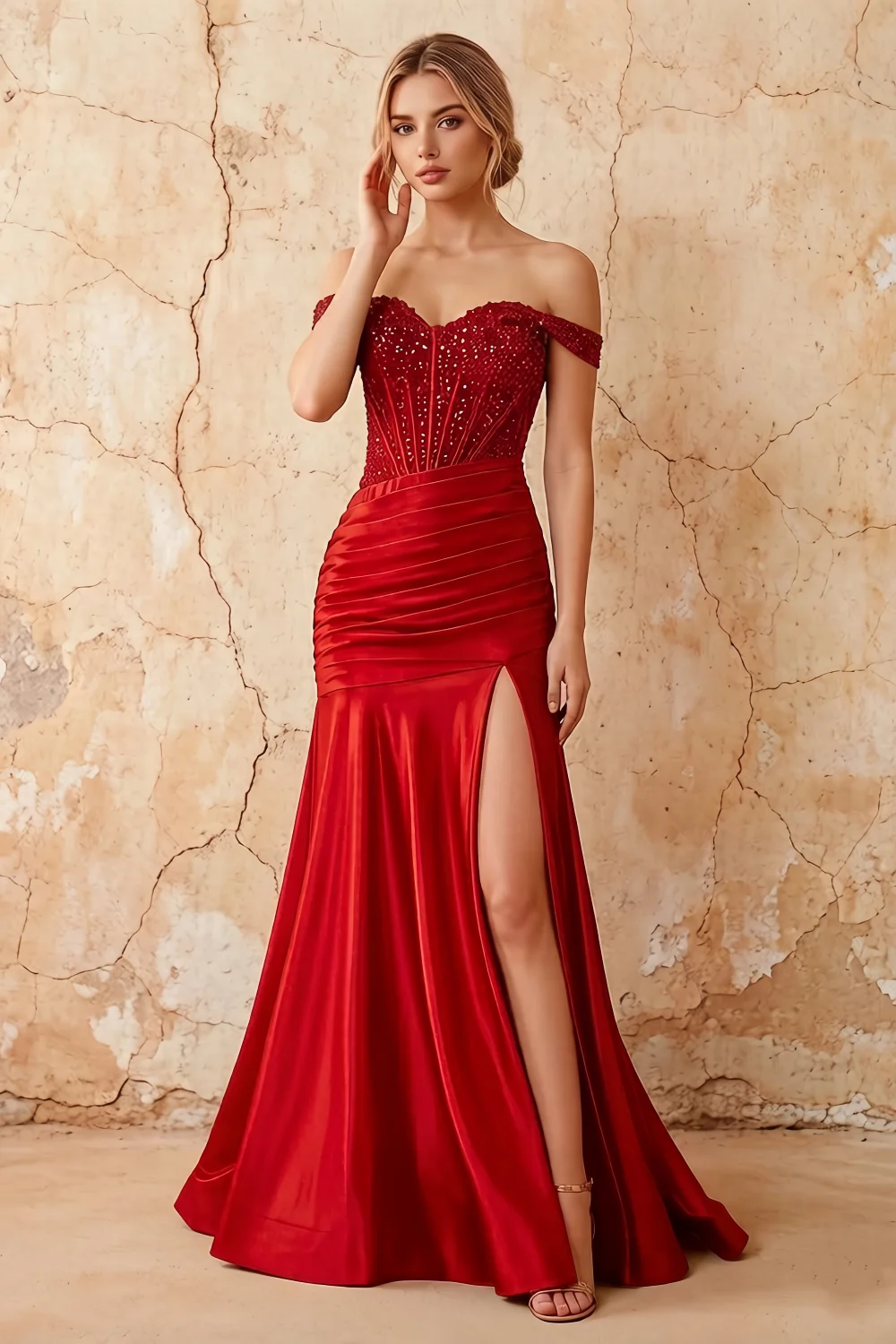 Louise Red Satin Mermaid Off The Shoulder Maxi Dress