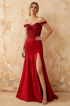 Louise Red Satin Mermaid Off The Shoulder Maxi Dress