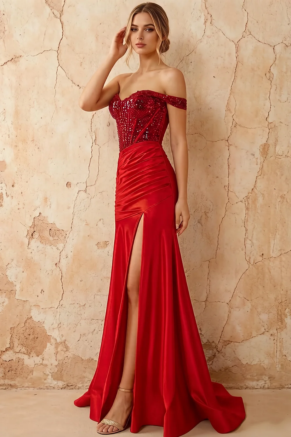Louise Red Satin Mermaid Off The Shoulder Maxi Dress