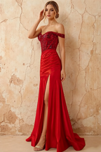 Louise Red Satin Mermaid Off The Shoulder Maxi Dress