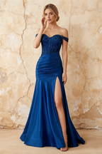 Louise Royal Blue Satin Mermaid Off The Shoulder Maxi Dress