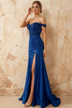 Louise Royal Blue Satin Mermaid Off The Shoulder Maxi Dress