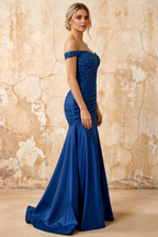 Louise Royal Blue Satin Mermaid Off The Shoulder Maxi Dress