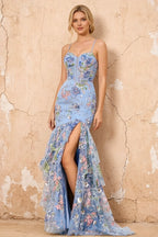 Lucy Light Blue 3D Flower Mermaid Maxi Dress with Slit