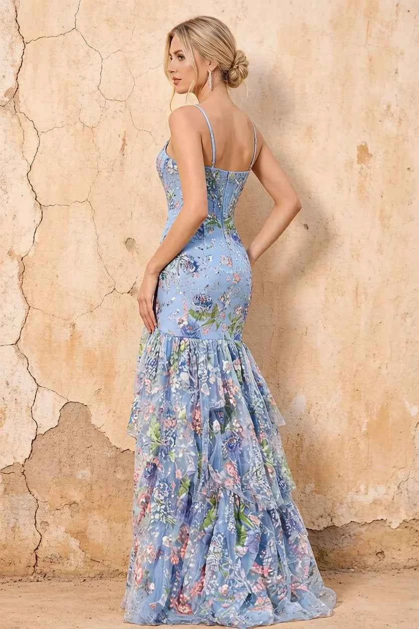 Lucy Light Blue 3D Flower Mermaid Maxi Dress with Slit