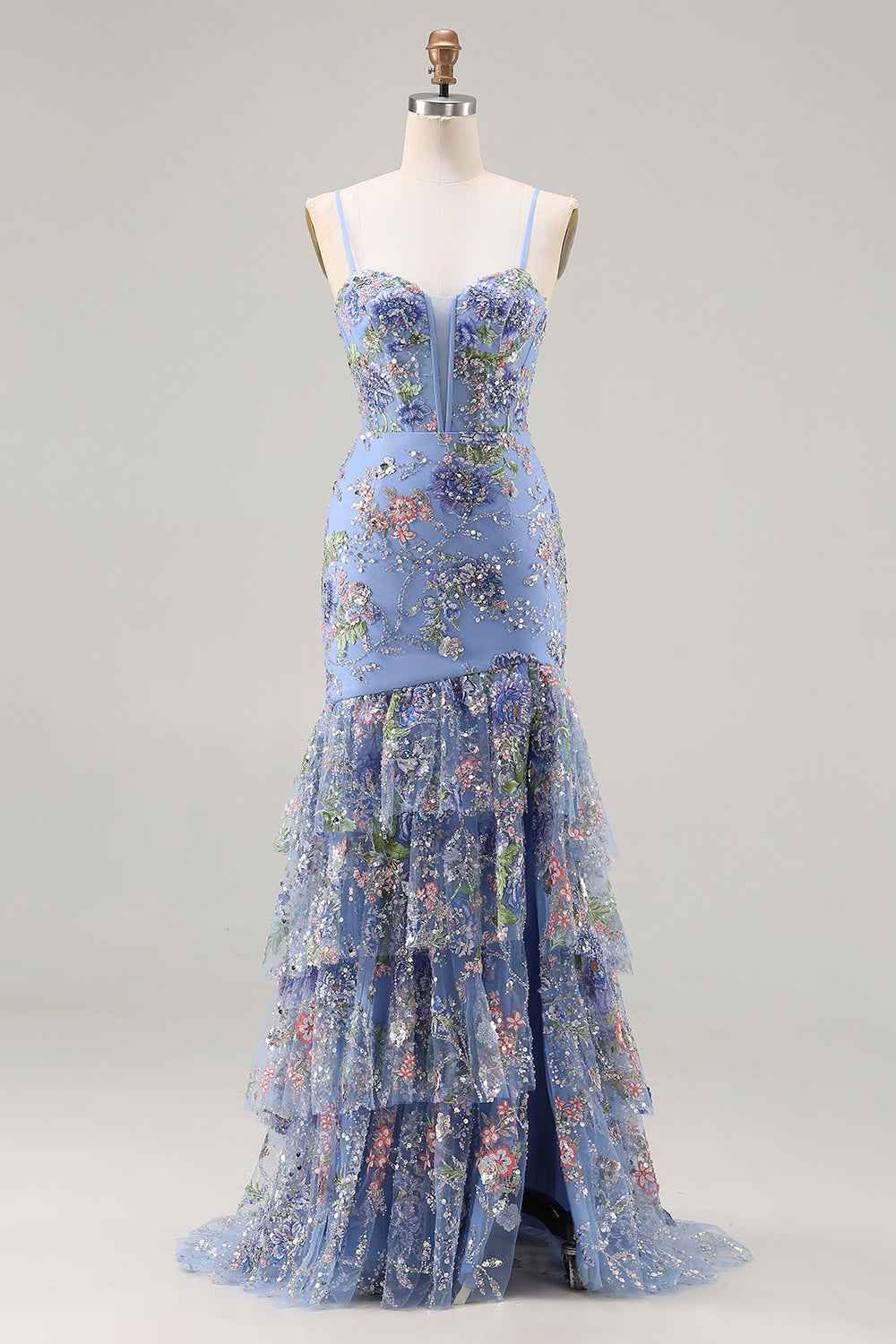 Lucy Light Blue 3D Flower Mermaid Maxi Dress with Slit