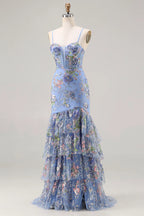 Lucy Light Blue 3D Flower Mermaid Maxi Dress with Slit