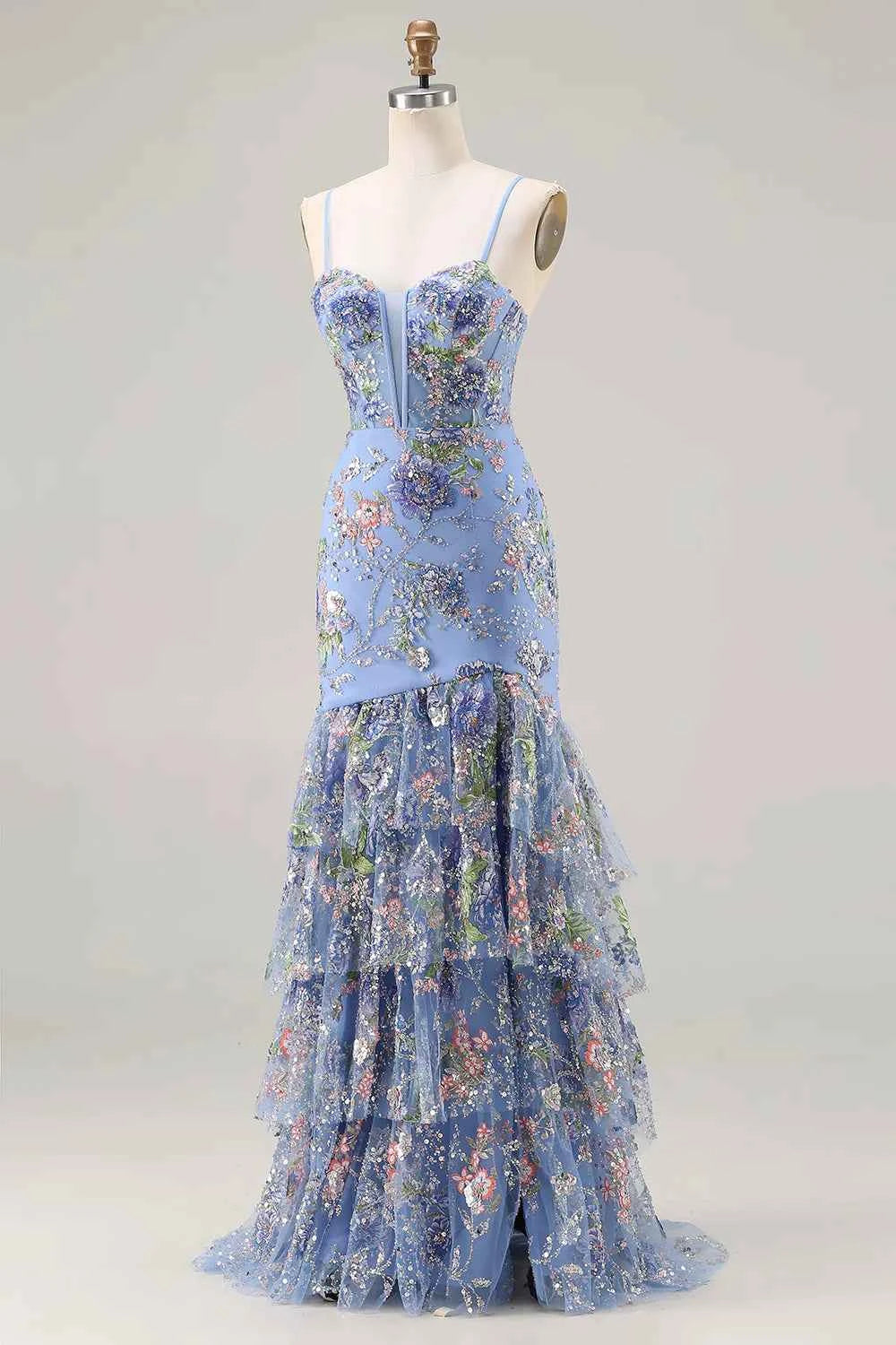 Lucy Light Blue 3D Flower Mermaid Maxi Dress with Slit