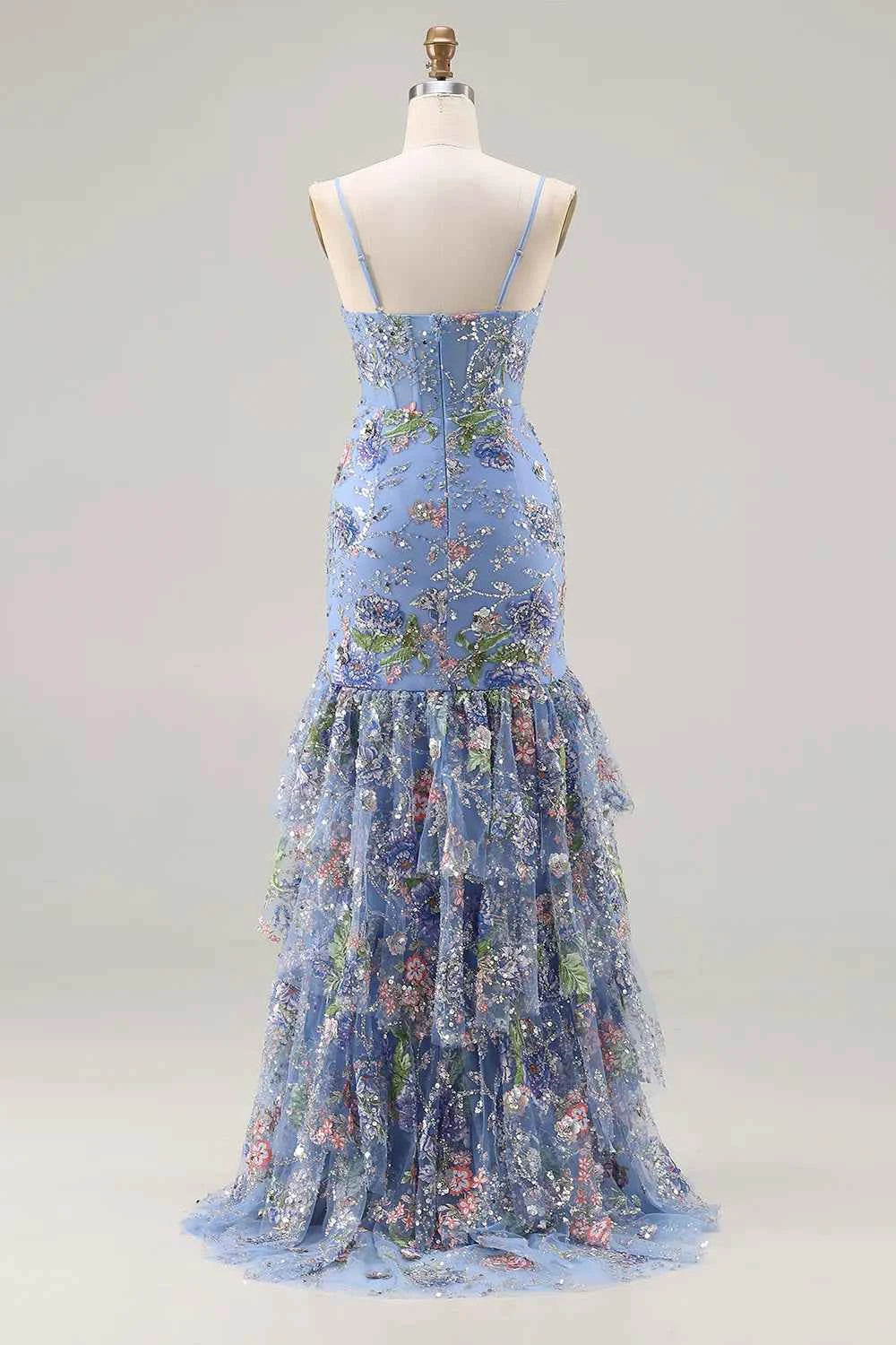 Lucy Light Blue 3D Flower Mermaid Maxi Dress with Slit