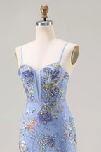 Lucy Light Blue 3D Flower Mermaid Maxi Dress with Slit